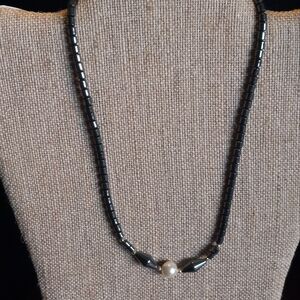 Hematite & Faux Pearl Bead Necklace